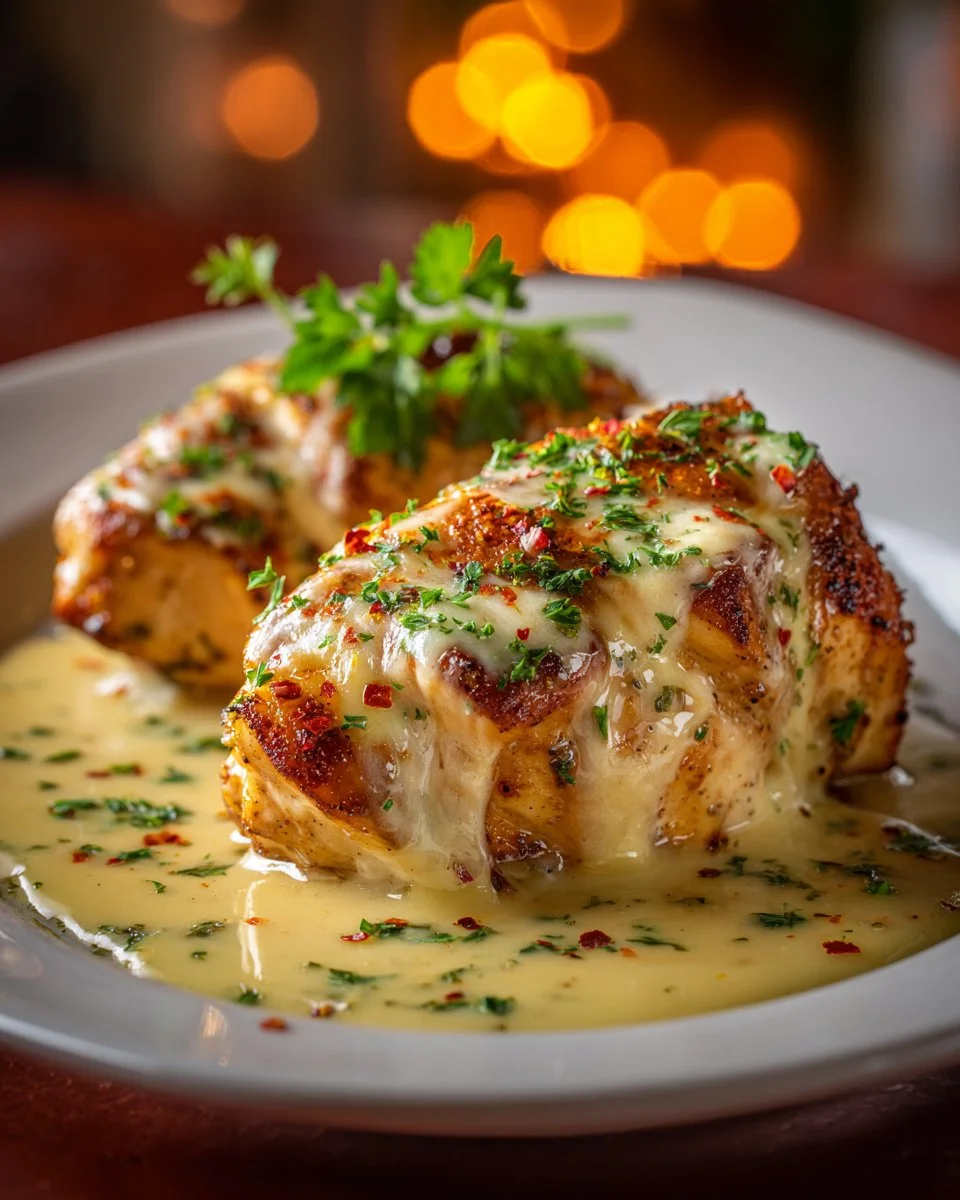 Delicious Texas Roadhouse Smothered Chicken topped with melted jack cheese