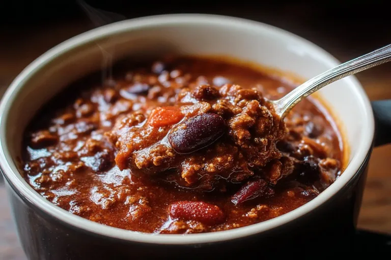 A delicious bowl of chili with beans, meat, and spices garnished with fresh cilantro