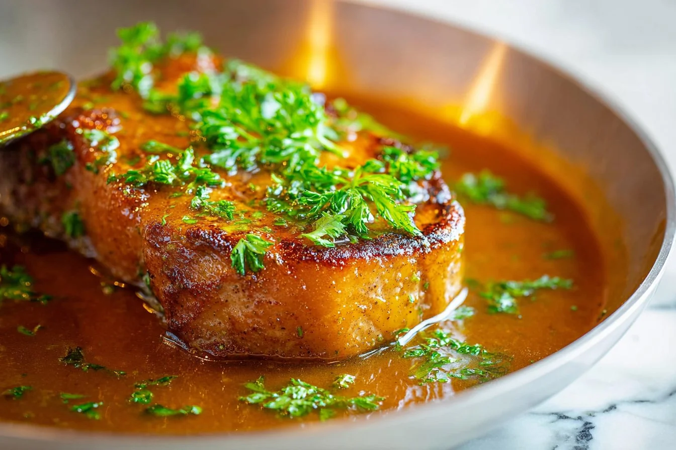 Juicy skillet pork chops plated with fresh herbs and seasoning