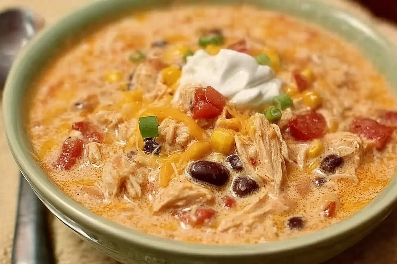 Slow cooker Cream Cheese Chicken Chili dish in a bowl