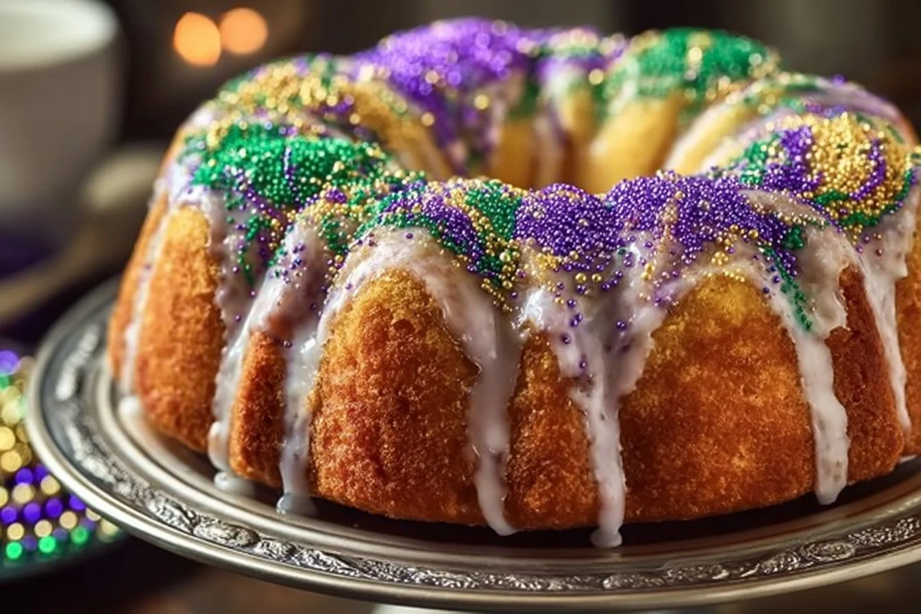 Traditional King Cake with colorful frosting and decorative toppings