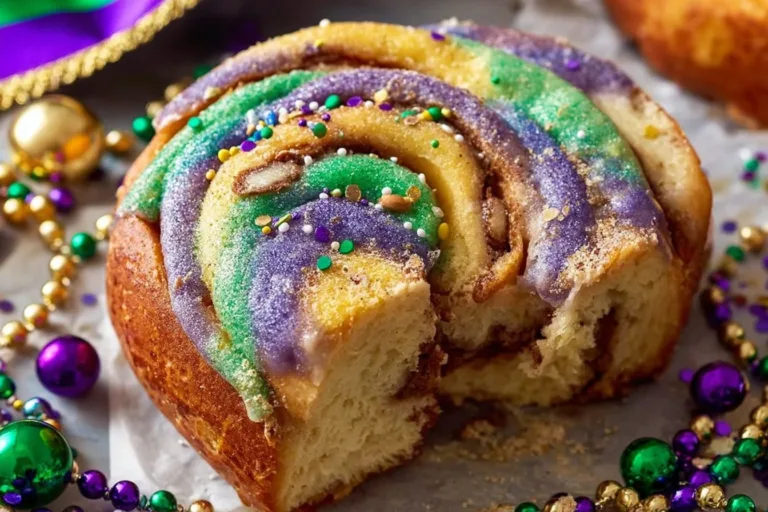 Traditional King Cake decorated with colorful icing and a hidden figurine