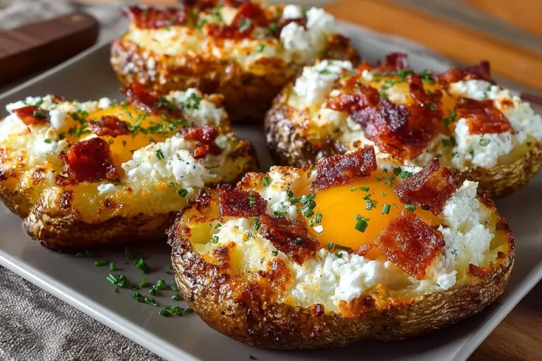 Twice Baked Loaded Breakfast Potatoes topped with cheese and herbs