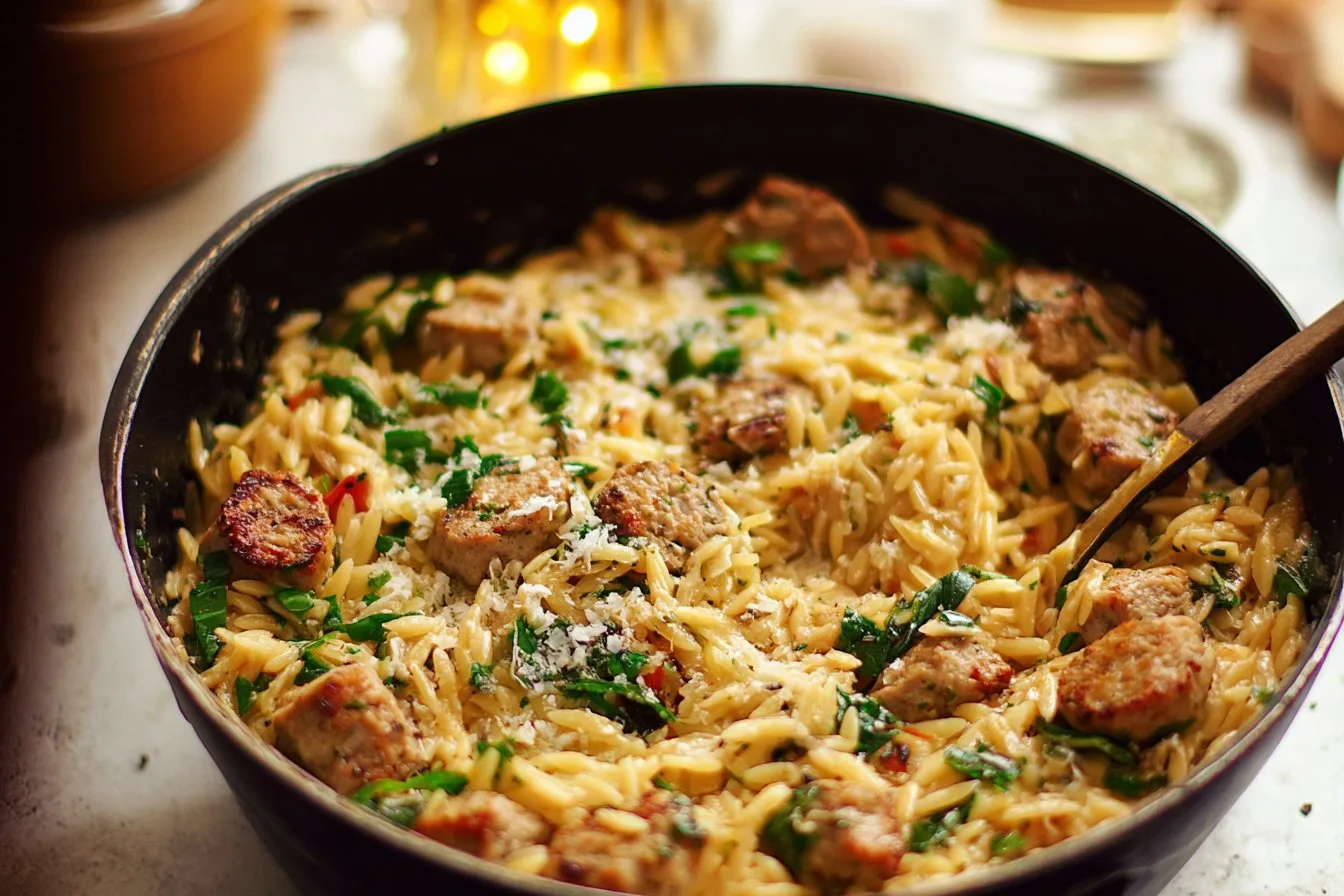 One Pan Chicken Sausage and Orzo