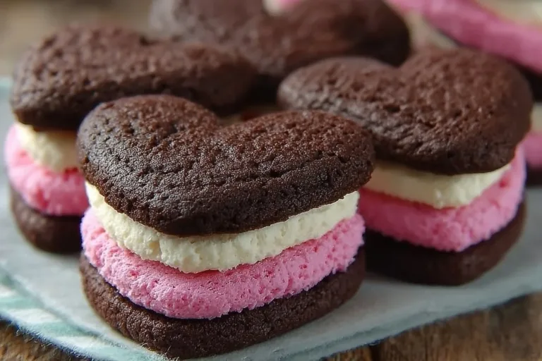 Delicious Valentine sandwich cookies with heart designs and festive decorations.