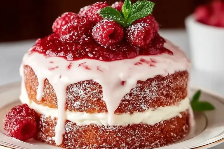 Vanilla Bean Cake topped with raspberry compote and fresh berries.