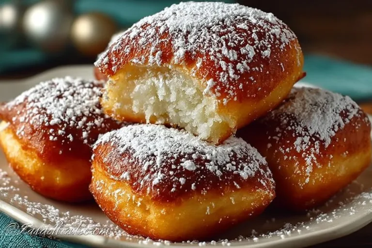 Fluffy Vanilla French Beignets dusted with powdered sugar