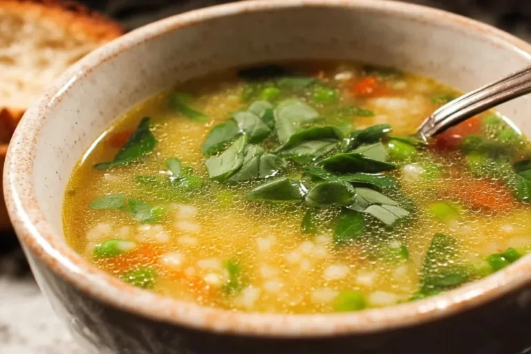 A bowl of vibrant vegetarian soup packed with fresh vegetables and herbs.