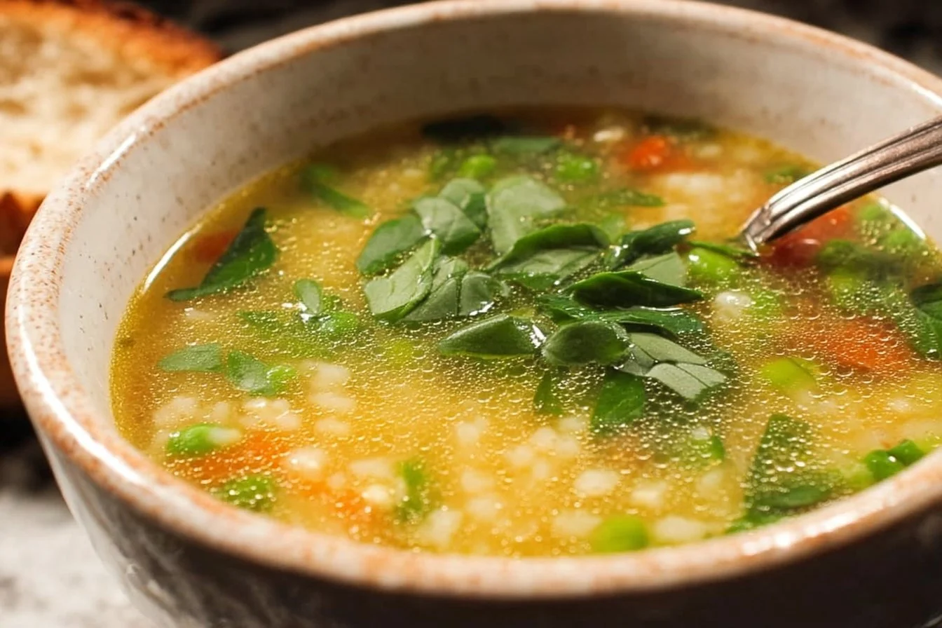 A bowl of vibrant vegetarian soup packed with fresh vegetables and herbs.