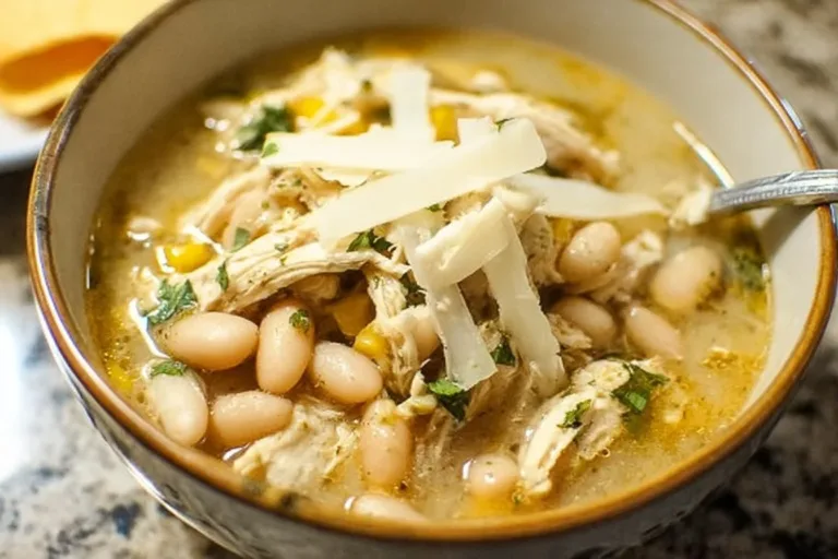 Bowl of delicious white chicken chili topped with cilantro and jalapeños