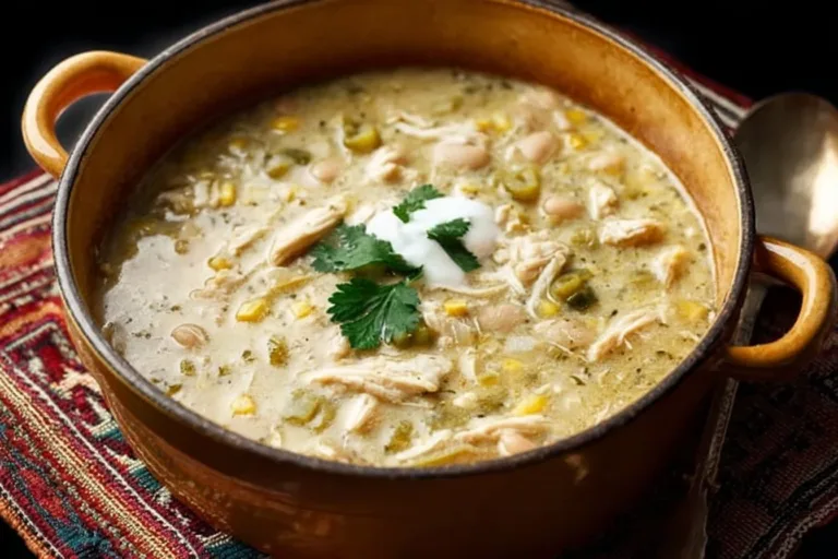 Bowl of creamy white chicken chili with toppings, garnished with cilantro and jalapeños.