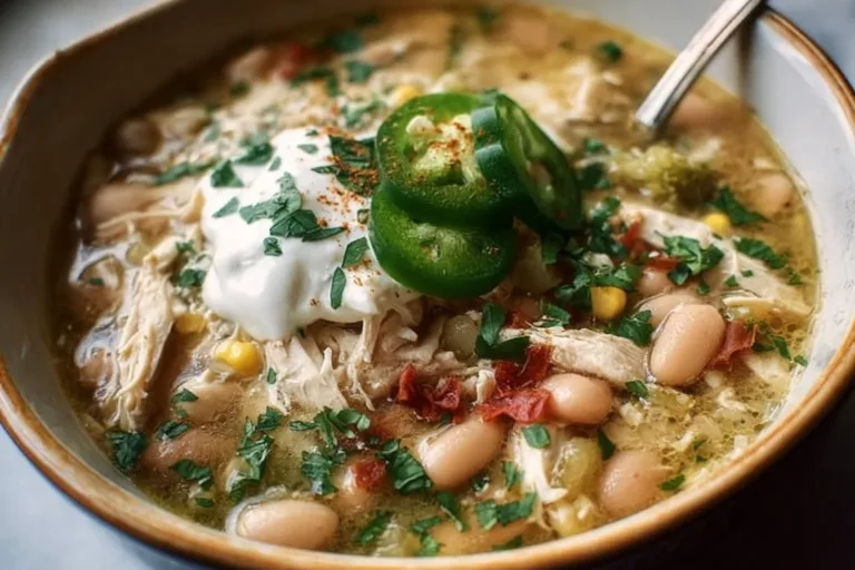 A bowl of creamy white chicken chili topped with cilantro and avocado.