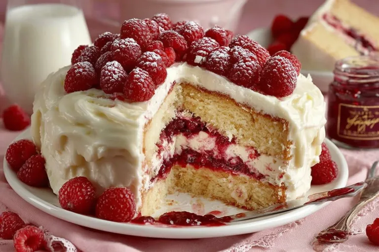 Delicious White Chocolate Raspberry Cake with vibrant raspberry topping and white chocolate drizzle.