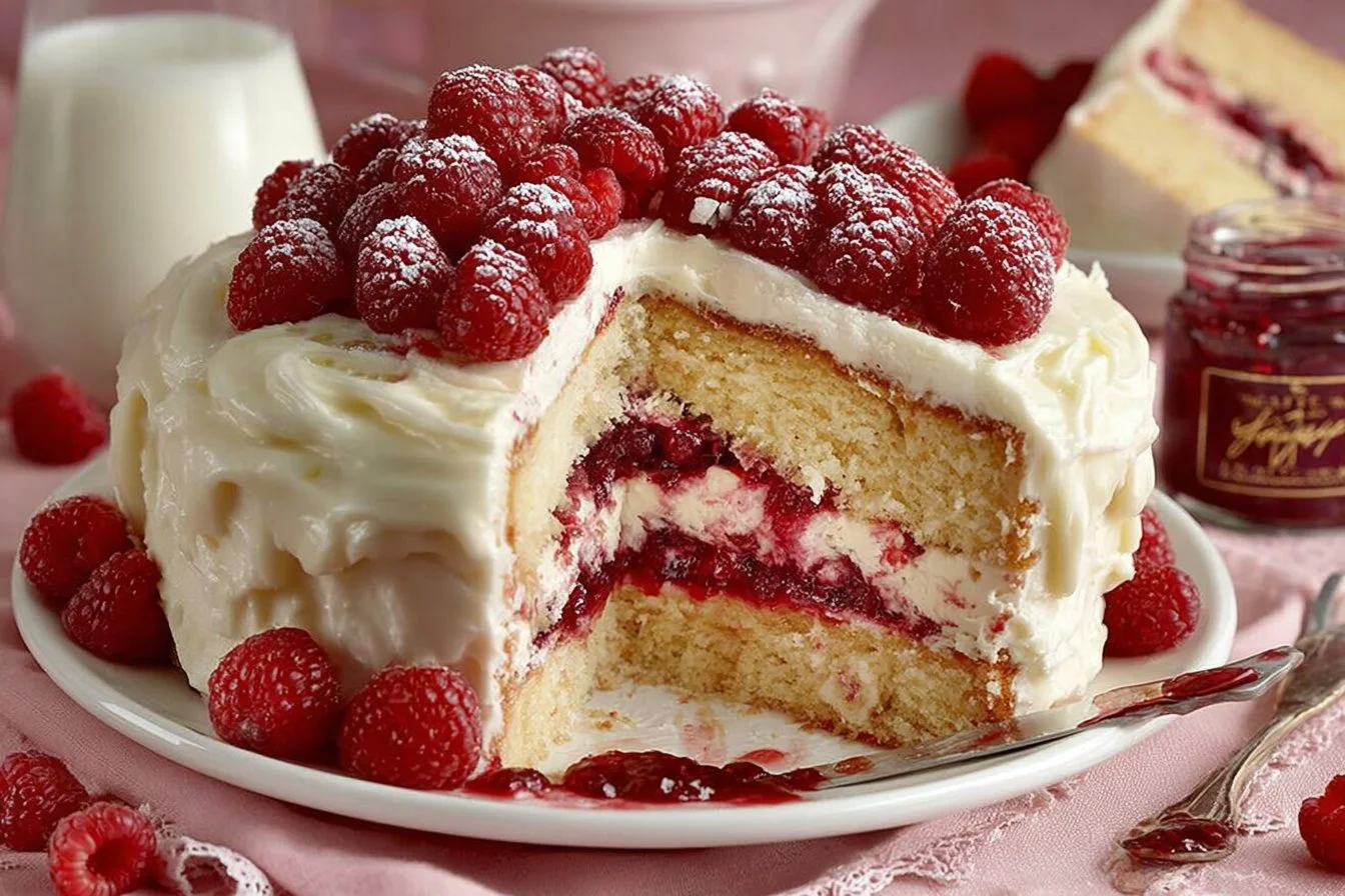 Delicious White Chocolate Raspberry Cake with vibrant raspberry topping and white chocolate drizzle.