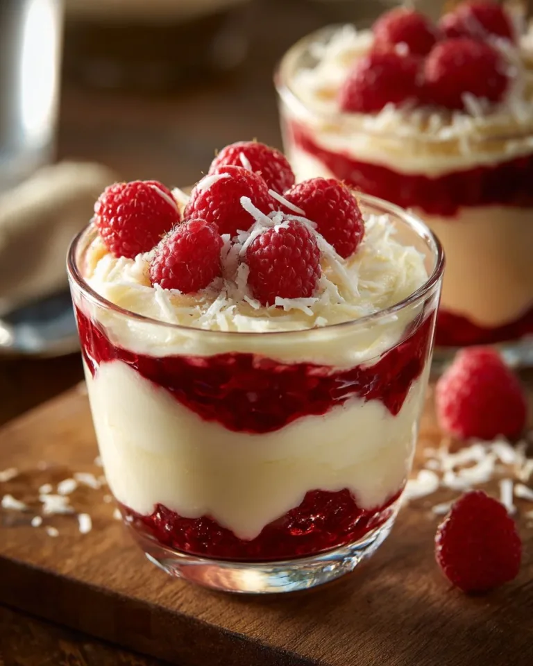 Delicious white chocolate raspberry parfaits served in elegant glasses