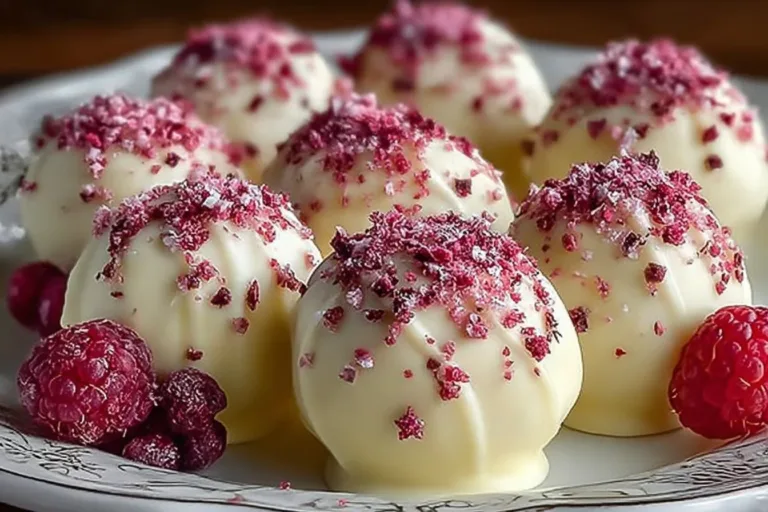 Delicious white chocolate raspberry truffles on a decorative platter