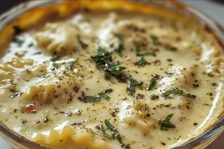 Creamy white lasagna soup garnished with herbs in a bowl