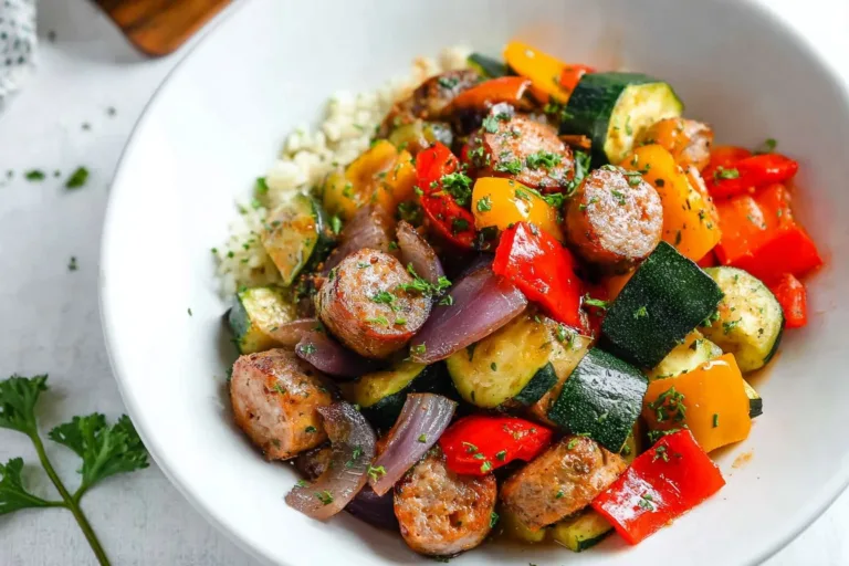 Air fryer chicken sausage and veggies cooked in 10 minutes for a healthy meal