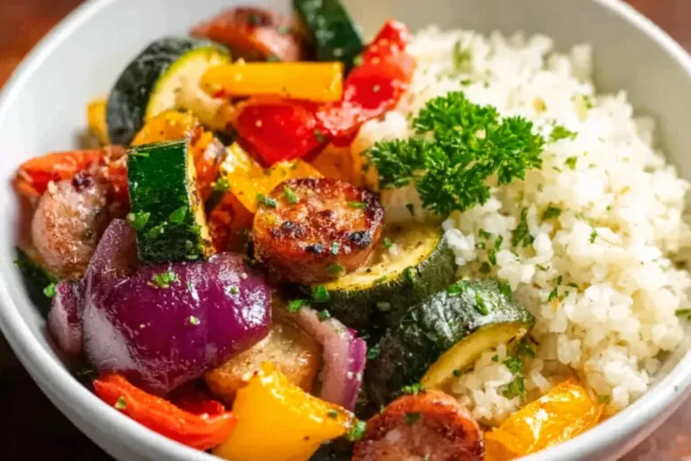 Air fryer chicken sausage with colorful vegetables ready to serve.