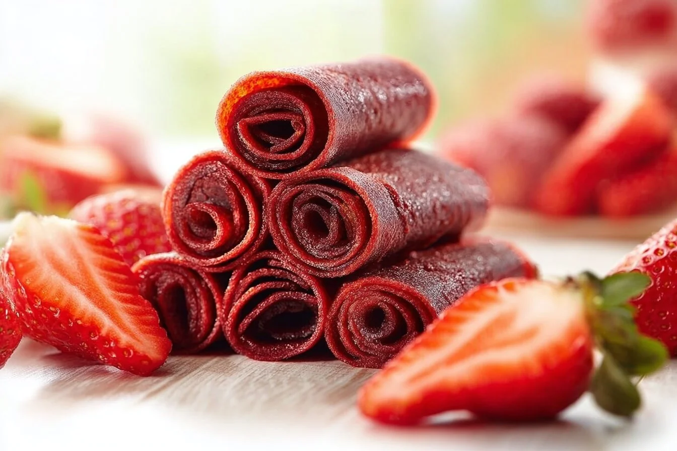 Homemade strawberry fruit roll-ups made with three simple ingredients