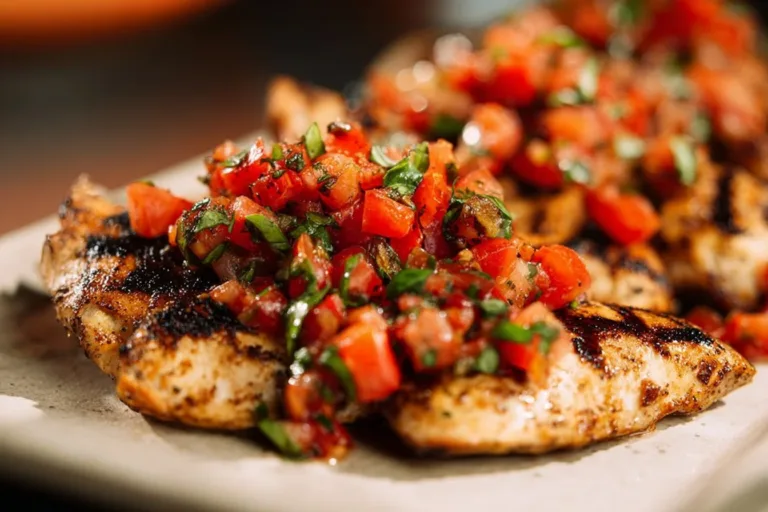 Grilled bruschetta chicken with fresh tomatoes and basil on a plate