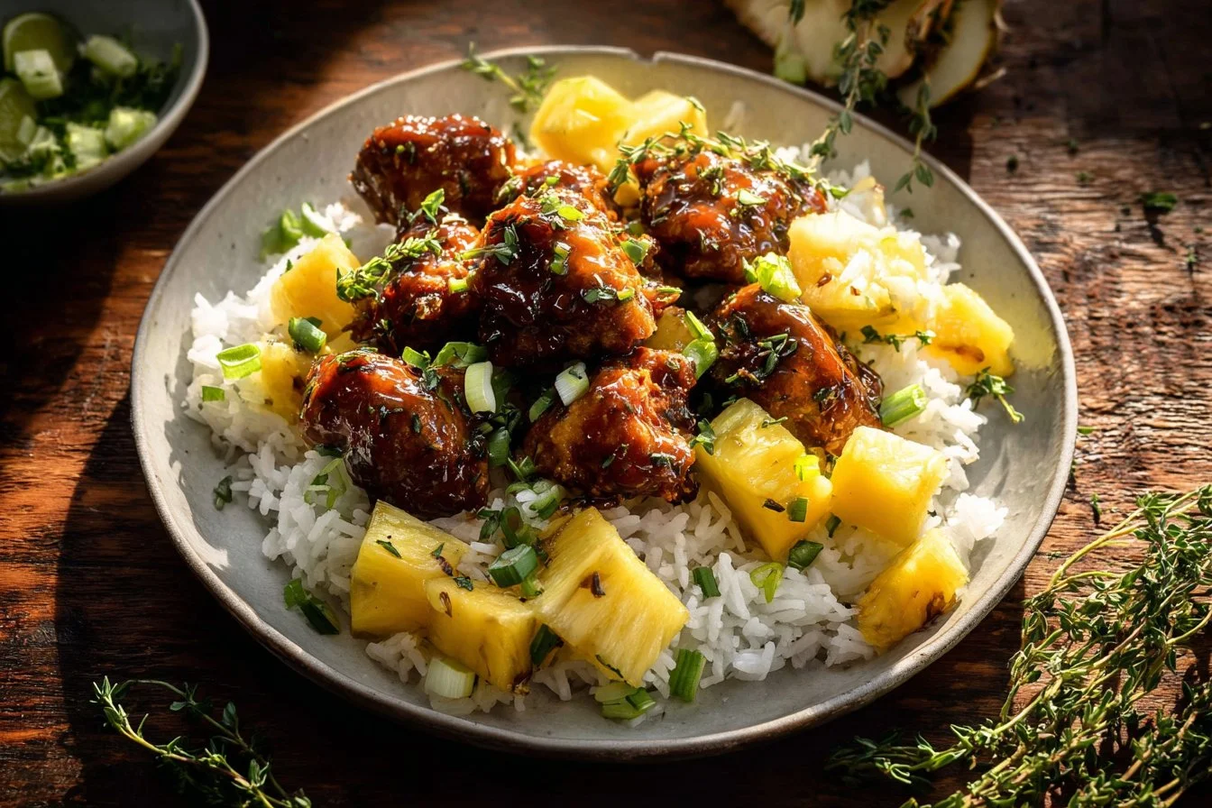 Plate of 30 Minute Pineapple Chicken with Coconut Rice garnished with herbs
