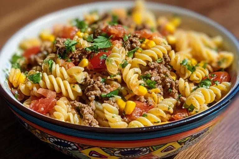 A colorful bowl of taco pasta salad topped with fresh ingredients.