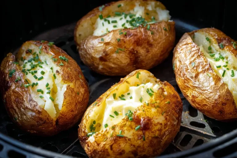 Delicious air fryer baked potato garnished with butter and herbs