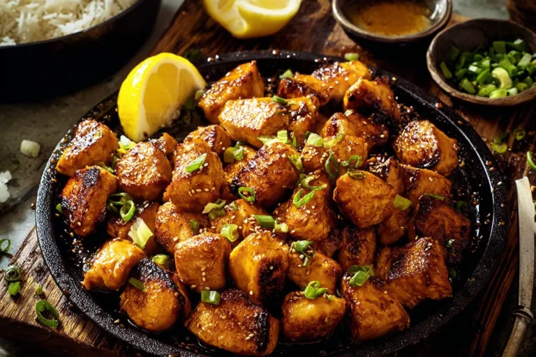 Air Fryer Bang Bang Salmon Bites with spicy sauce on a plate