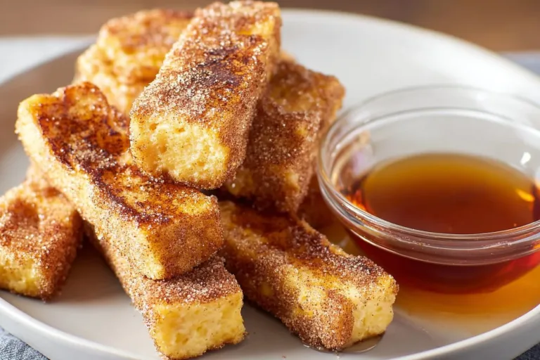 Golden brown Air Fryer French toast sticks served with syrup
