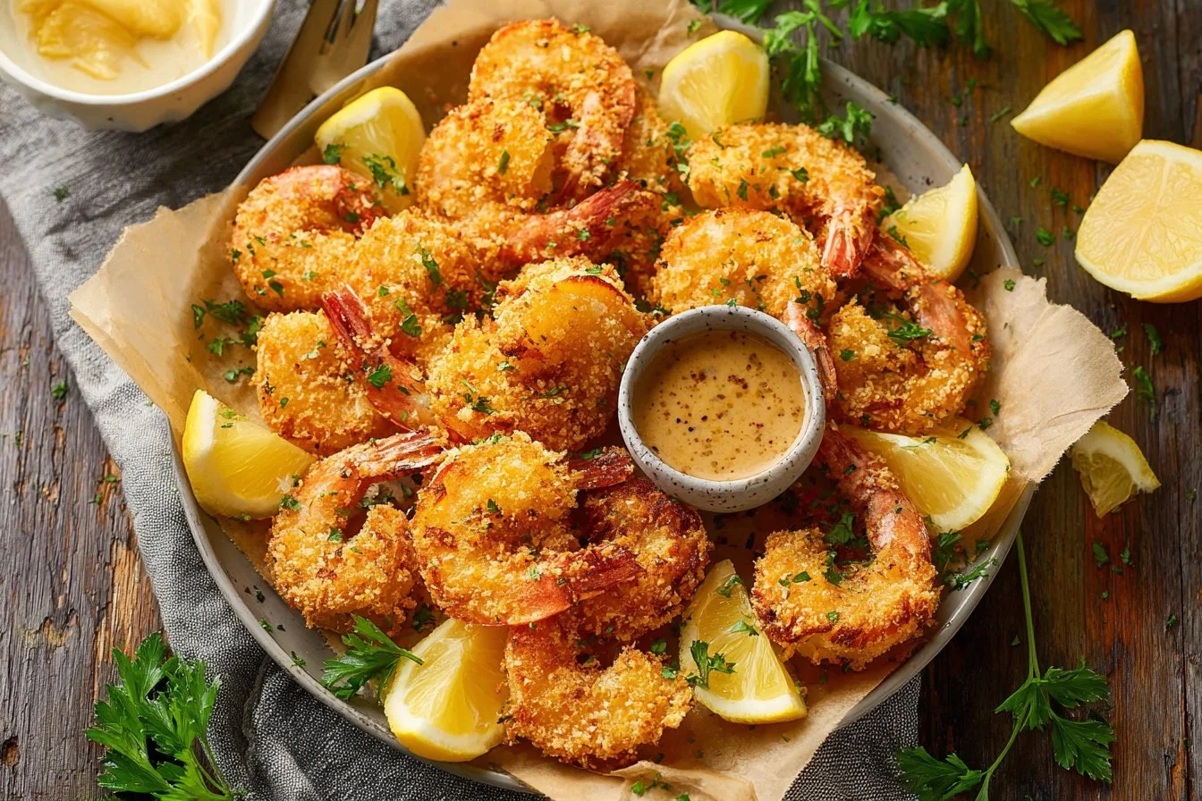 Crispy air fryer fried shrimp served with Sriracha mayo dipping sauce