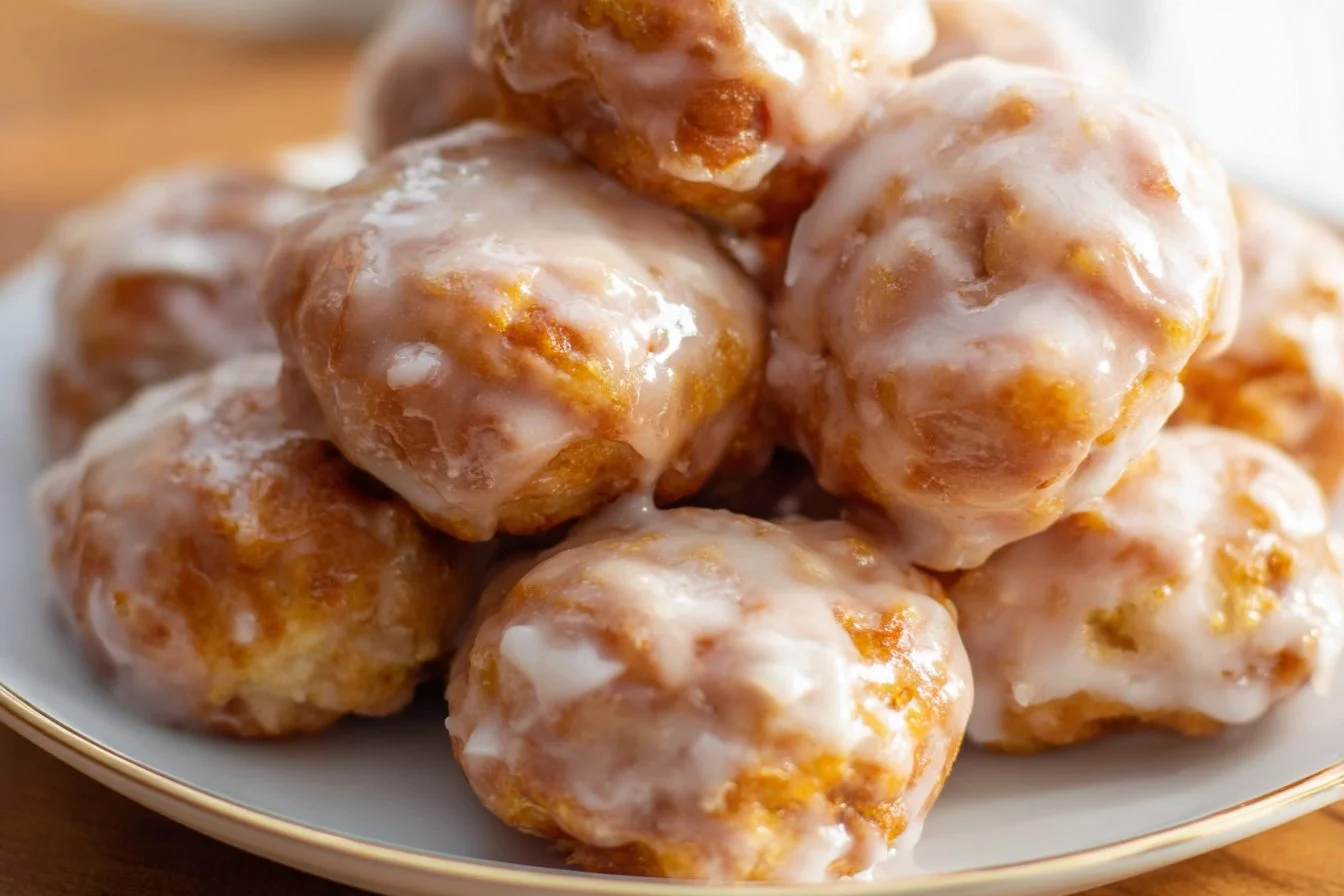 Freshly baked apple fritter bites with apples and glaze