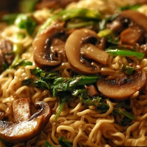 Bowl of Asian mushroom ramen noodles garnished with fresh herbs and vegetables