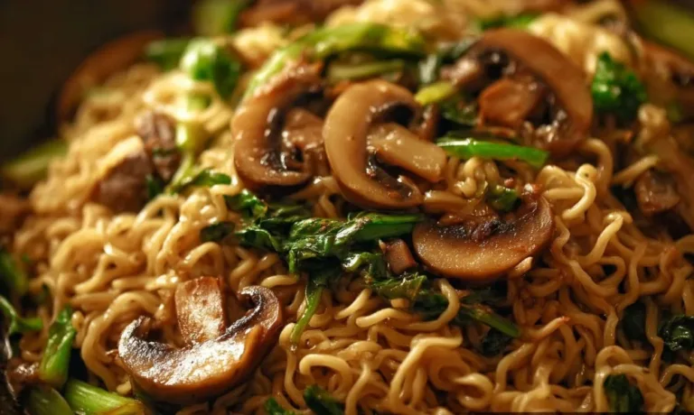 Bowl of Asian mushroom ramen noodles garnished with fresh herbs and vegetables