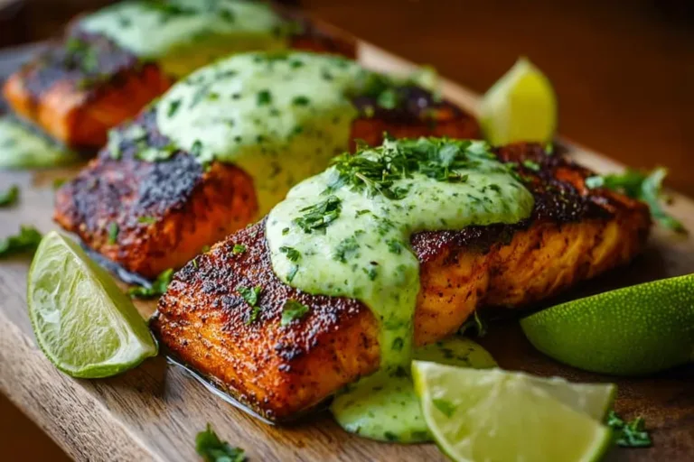 Baked Cajun Salmon with creamy avocado lime sauce on a plate