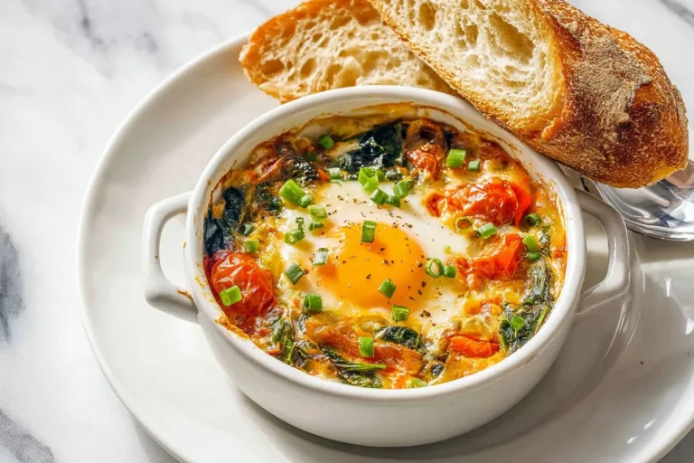 Delicious baked feta eggs on a plate, garnished with herbs and spices