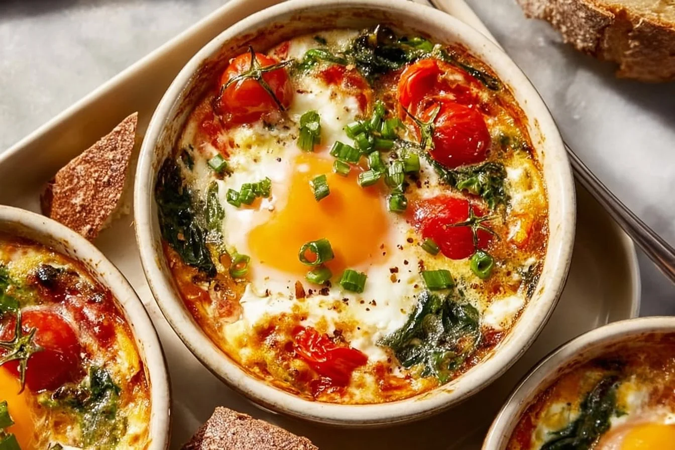 Baked feta eggs with tomatoes and spinach in a colorful dish