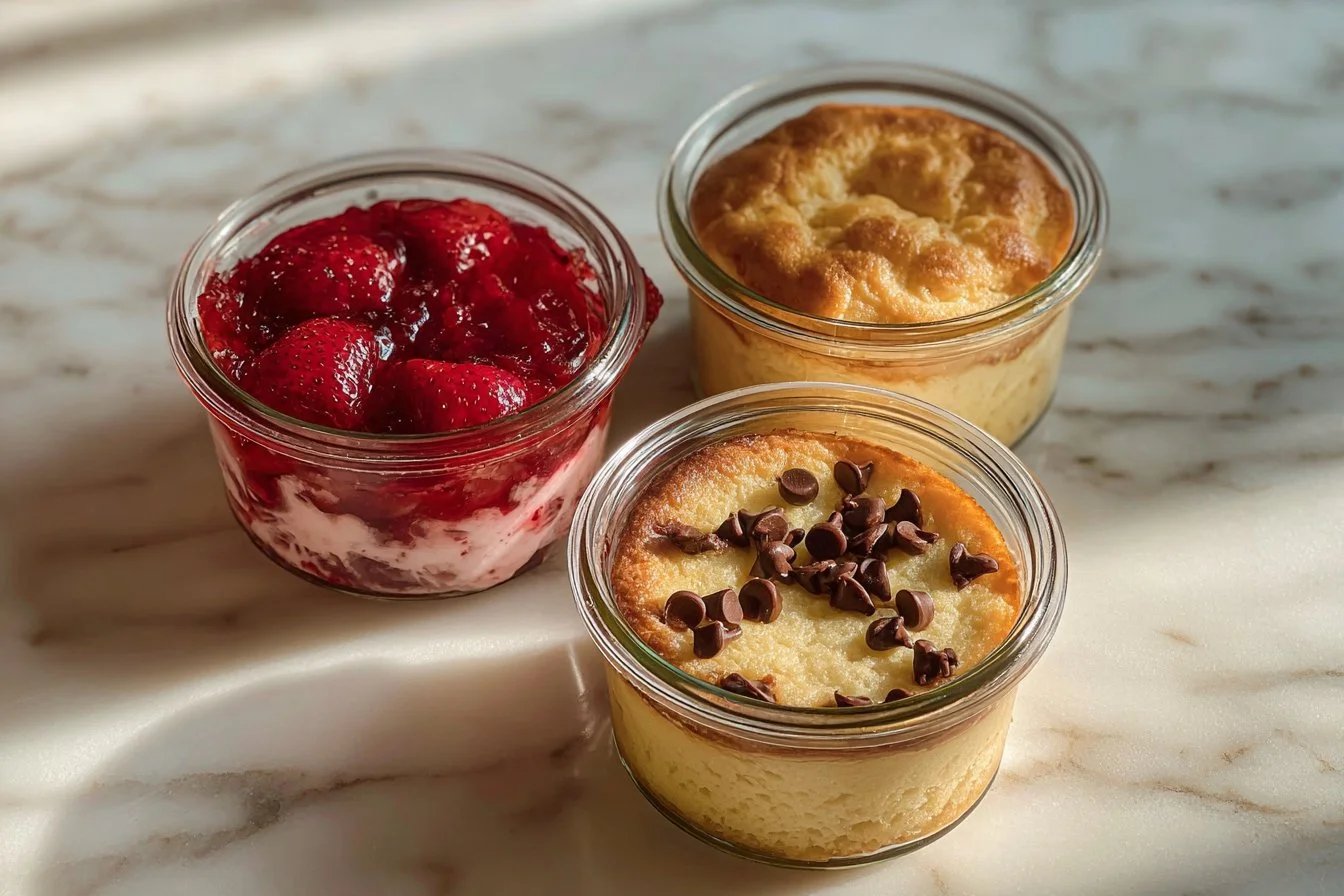 Healthy baked protein pancake bowls topped with fruit and nuts