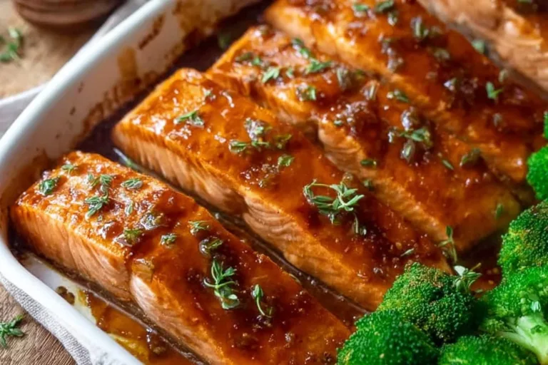 Perfectly baked salmon fillet garnished with herbs and lemon slices