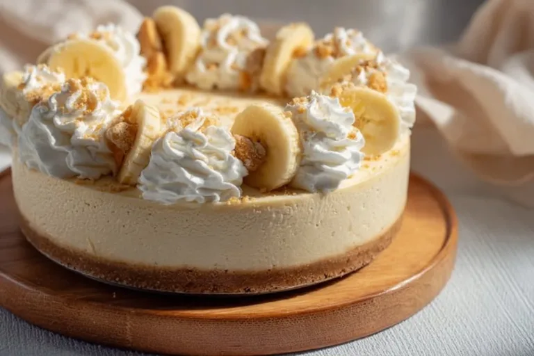 Delicious banana pudding cheesecake topped with banana slices and whipped cream.