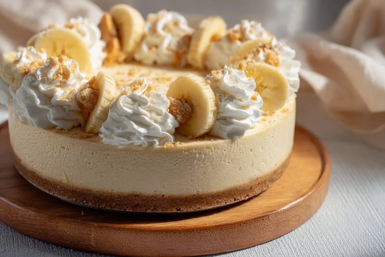 Delicious banana pudding cheesecake topped with banana slices and whipped cream.