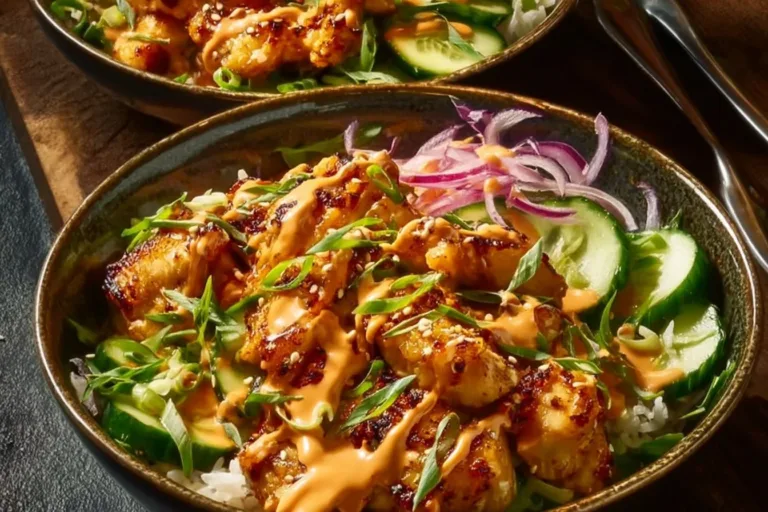 Delicious Bang Bang Chicken Bowl topped with spicy sauce and fresh vegetables.