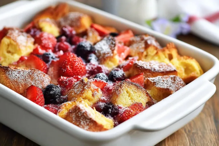 Delicious Berry Croissant Bake topped with fresh berries and cream