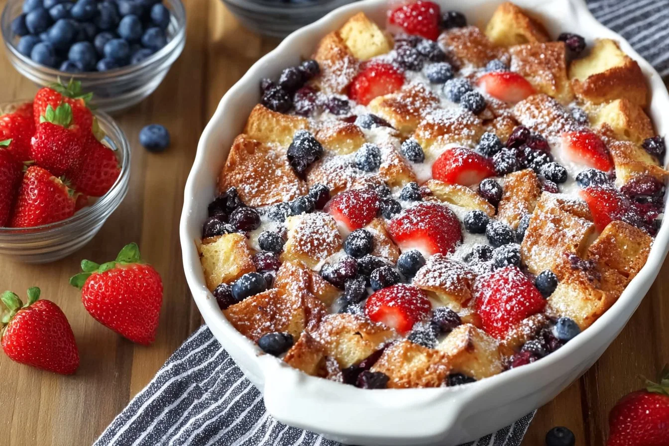Delicious Berry French Toast Casserole topped with fresh berries and syrup.