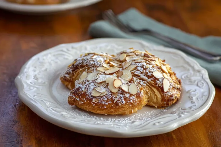 Freshly baked almond croissant on a wooden table