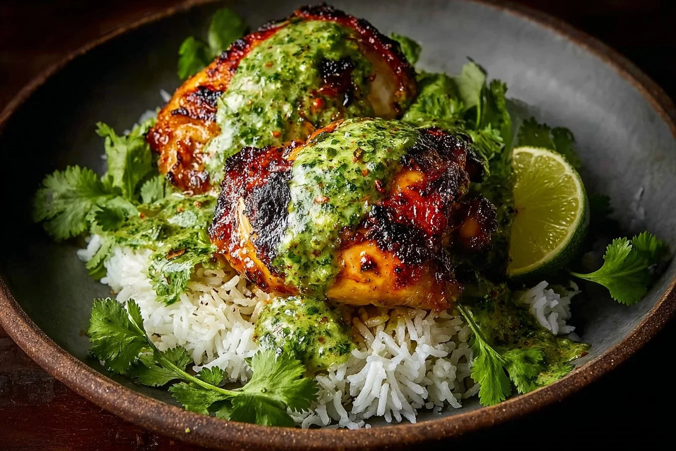 Delicious Peruvian chicken served with creamy green sauce on a plate.
