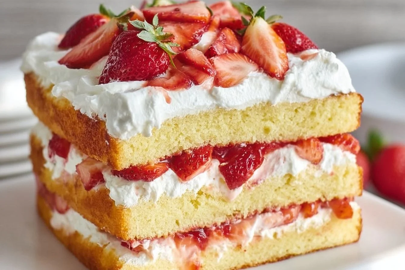 Delicious homemade strawberry shortcake cake with fresh strawberries and cream