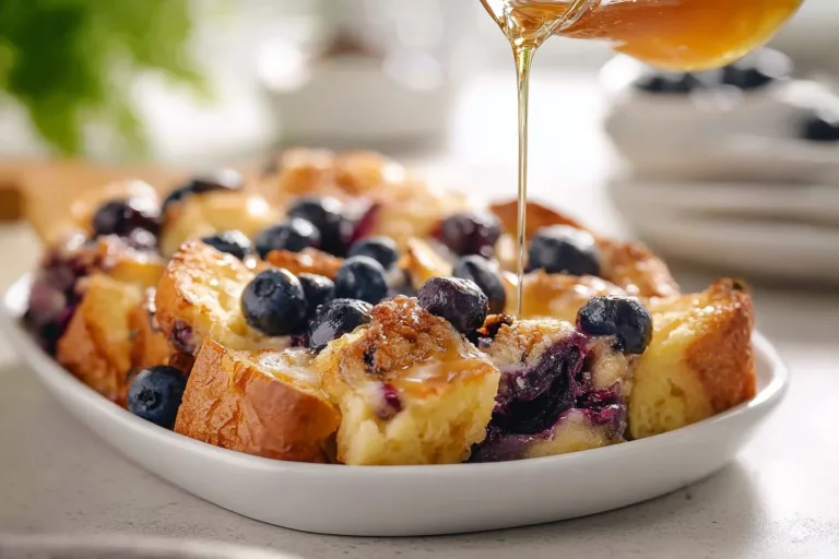 Delicious Blueberry French Toast Casserole served warm with blueberries