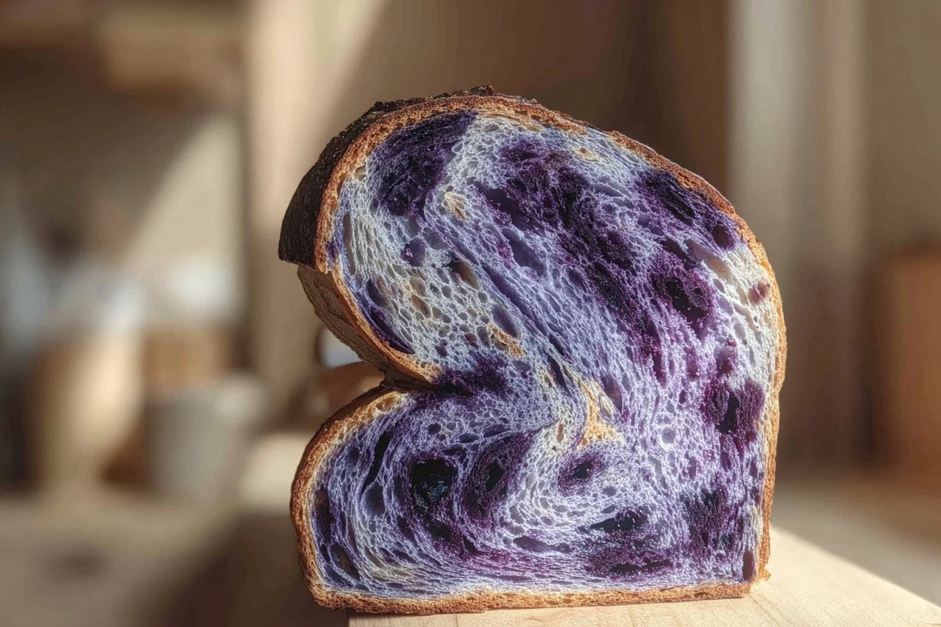 Freshly baked Blueberry Goat Cheese Sourdough Loaf with blueberries and goat cheese