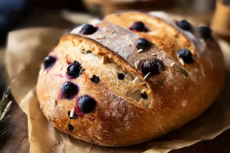 Blueberry Lemon Cream Cheese Sourdough loaf with blueberries and lemon slices